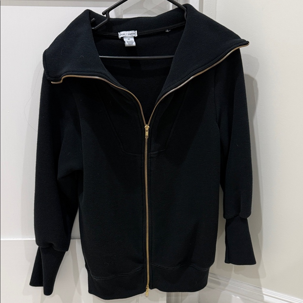 Black Zip-Up Sweater with Gold Accents